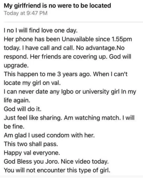 Drama as Cheating Girl Mysteriously Disappears on Valentine